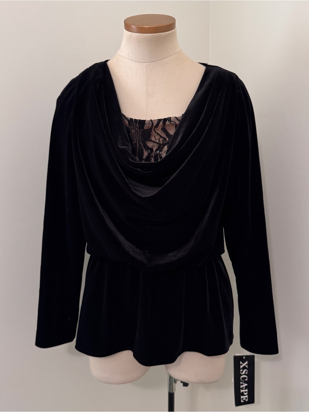 New Xscape 6 Black Velvet Long Sleeve Drape Neck Peplum Blouse Top